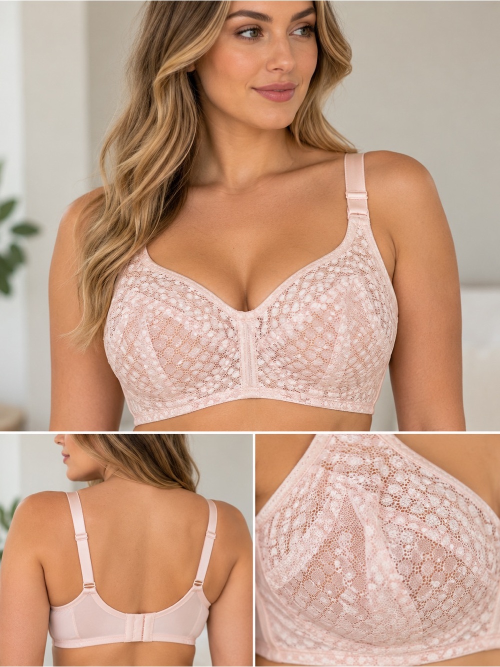 Breezies Lace Full Coverage Bra 38C Blush Pink Wireless Comfort